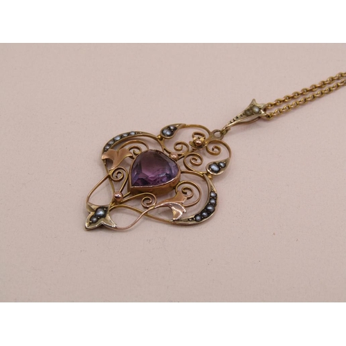 1566 - AMETHYST SEED PEARL SET PENDANT ON 9ct GOLD CHAIN