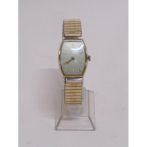 1577 - 14ct GOLD CASED WATCH ON EXPANDING PLATED STRAP