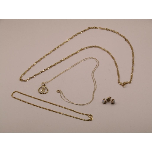 1585 - COLLECTION OF 9ct GOLD CHAIN PLUS PENDANT AND EARRINGS