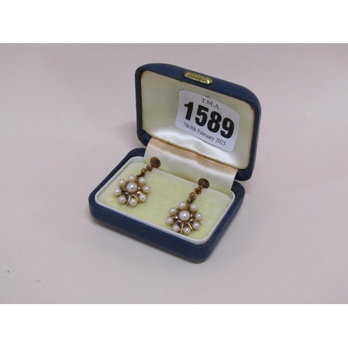 1589 - PAIR OF 9ct GOLD PEARL DROP EARRINGS