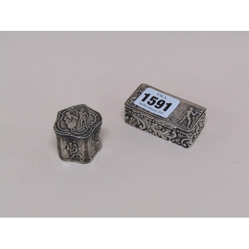 1591 - CONTINENTAL FIGURATIVE SILVER BOX AND COVER AND A SILVER FIGURATIVE SNUFF BOX WITH MAKERS MARKS FOR ... 