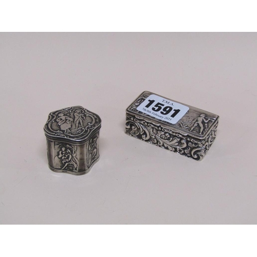 1591 - CONTINENTAL FIGURATIVE SILVER BOX AND COVER AND A SILVER FIGURATIVE SNUFF BOX WITH MAKERS MARKS FOR ... 