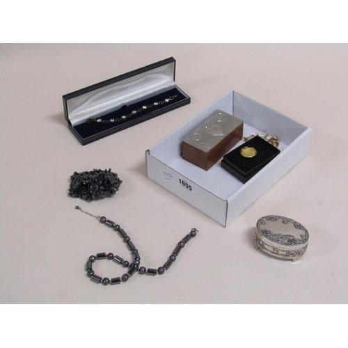 1655 - SMALL BOX OF COSTUME JEWELLERY TO INC. SILVER STONE SET BRACELET