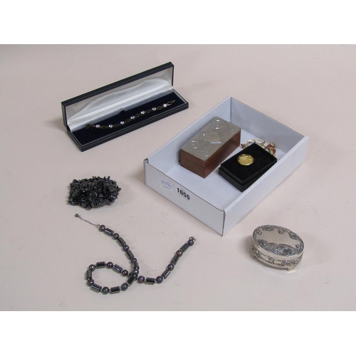 1655 - SMALL BOX OF COSTUME JEWELLERY TO INC. SILVER STONE SET BRACELET