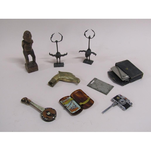 1660 - WOODEN FIGURES, BRASS STICK CANDLES, CAMERA, LIGHTER ETC