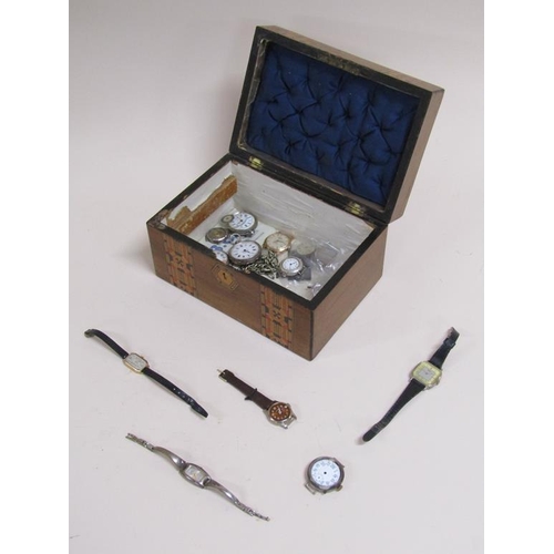 1676 - BOX OF POCKET WATCHES, WATCHES, ALBERT CHAIN ETC