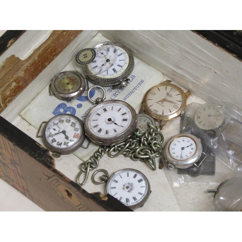 1676 - BOX OF POCKET WATCHES, WATCHES, ALBERT CHAIN ETC