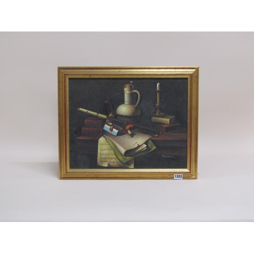 1202 - A WARNER STILL LIFE PIPE AND BOOKS OIL ON CANVAS, FRAMED 33 x 42 cms