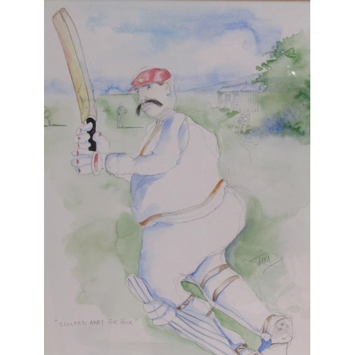 1206 - PAIR OF CRICKETING CARTOONS CLOCKED AWAY FOR FOUR AND BIG ERIC, BOTH F/G 40 x 30 cms