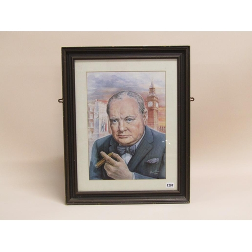 1207 - WINSTON CHURCHILL, AFTER THE ORIGINAL BY DAVID BURNS, 1940 F/G COLOURED PRINT 45 x 32 cms