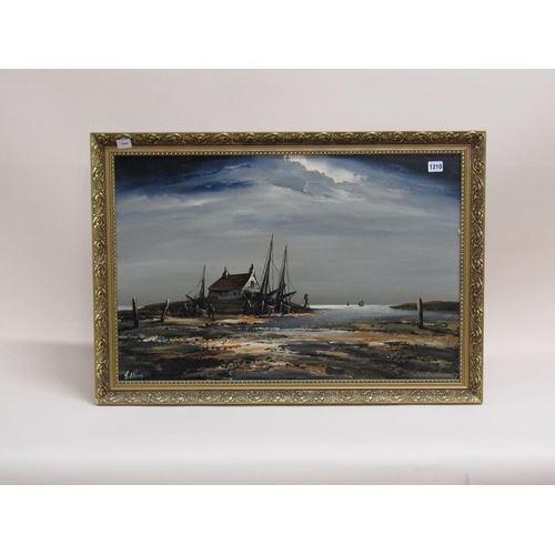 1210 - ELLIOT - A COASTAL SCENE WITH FISHERMANS COTTAGE AND MOORED BOATS, SIGNED OIL ON BOARD FRAMED 50 x 7... 