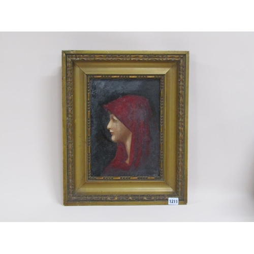 1211 - PORTRAIT OF A LADY WITH RED HOOD OIL ON CANVAS, FRAMED 30 x 22 cms