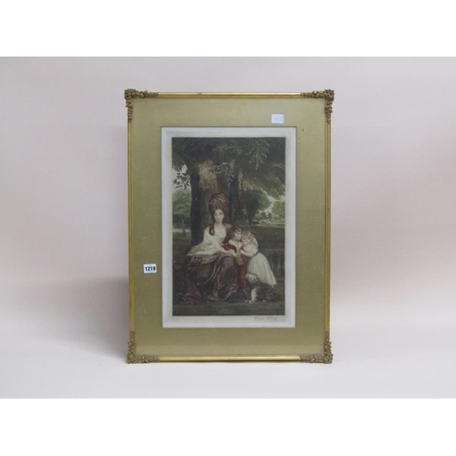 1219 - MOTHER AND TWO CHILDREN 19c COLOURED PRINT BY ERNEST STAMP.  FRAMED