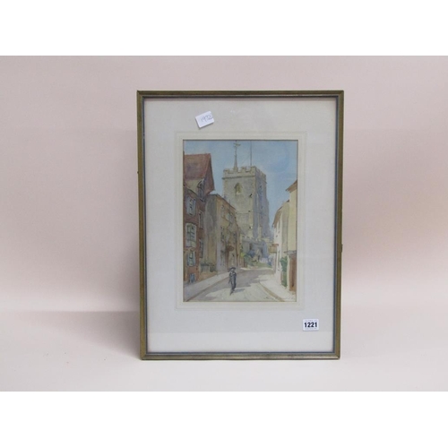 1221 - HENRY C BREWER FIGURE ON THE STREET SIGNED WATERCOLOUR F/G 32 x 22 cms