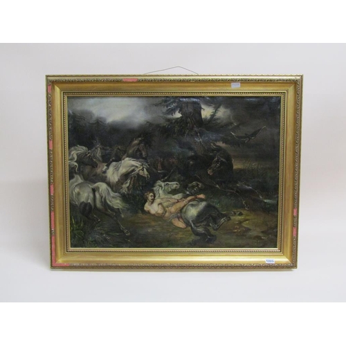 1223 - UNSIGNED 19c OIL ON CANVAS MYTHOLOGICAL SCENE, WILD HORSES AND DISMOUNTED RIDER OIL ON CANVAS, FRAME... 