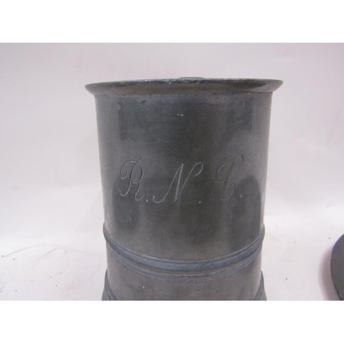 1352 - FOUR PEWTER PLATES; TANKARD