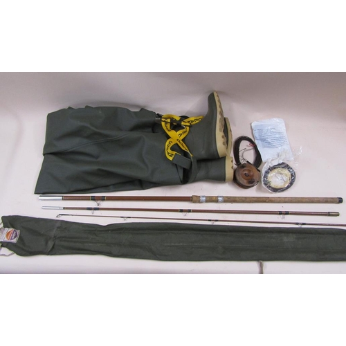 1387 - COLLECTION OF FISHING EQUIPMENT TO INCL WOODEN REEL, PAIR OF WADERS, THREE PIECE ROD