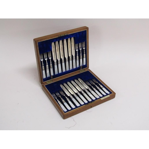 1749 - MOTHER OF PEARL HANDLED SILVER PLATED CUTLERY IN OAK CANTEEN BOX