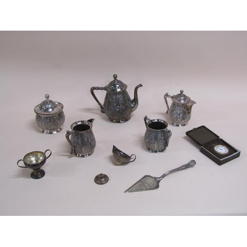 1760 - MIXED SILVER PLATED TEAWARES PLUS A STERLING SILVER CUP AND CREAM JUG ETC