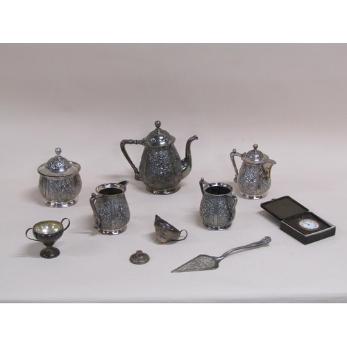 1760 - MIXED SILVER PLATED TEAWARES PLUS A STERLING SILVER CUP AND CREAM JUG ETC