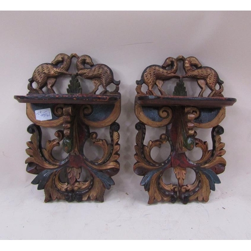 1402 - PAIR OF CARVED AND PAINTED WALL BRACKETS, 29CM H