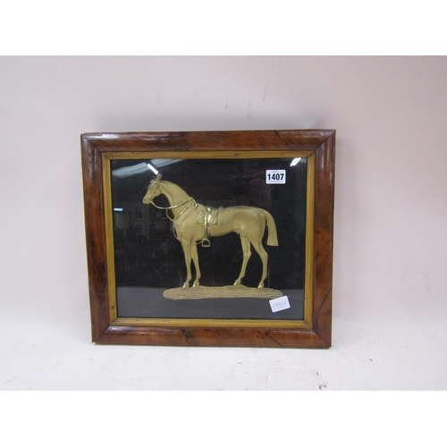 1407 - FRAMED GILT METAL STALLION PLAQUE IN RELIEF, FRAME 39CM W