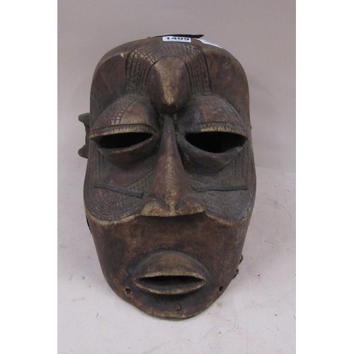 1409 - CARVED WOODEN TRIBAL MASK, 33CM H