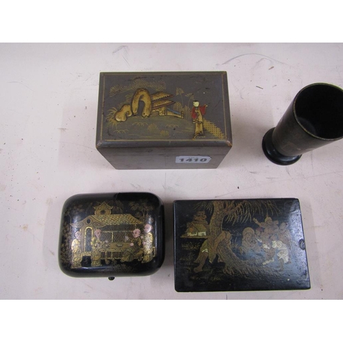 1410 - COLLECTION OF ORIENTAL LACQUERED BOXES; CUP - LARGEST BOX 12CM W