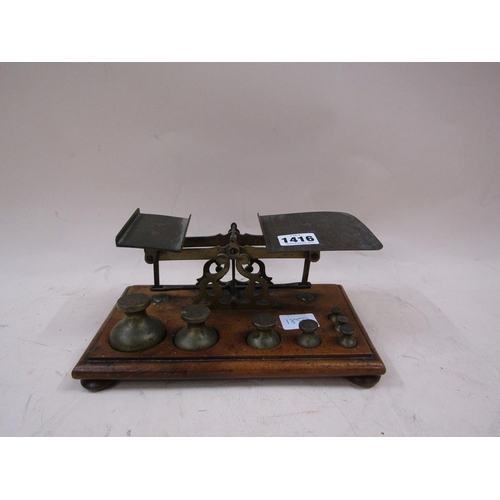 1416 - POSTAL SCALES AND WEIGHTS, 23CM W AT BASE