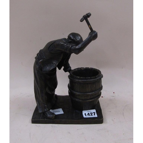 1427 - BRONZED RESIN SCULPTURE - BARREL MAKER, 25CM H