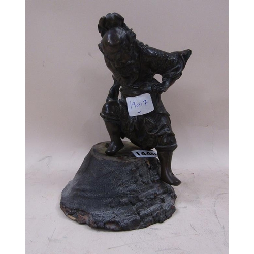 1440 - ORIENTAL CAST BRONZED WARRIOR ON WOODEN STAND, 22CM H