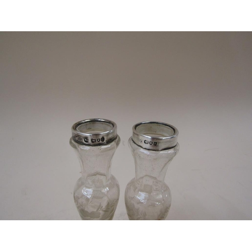 1742 - SILVER TOP GLASS VASES AND A BOX OF SILVER BEAN SPOONS