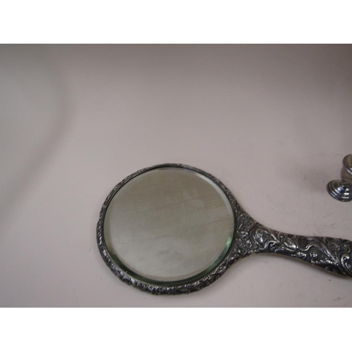 1743 - SILVER PEPPERS, SPOONS, FORK, SILVER BACKED DRESSING MIRROR ETC