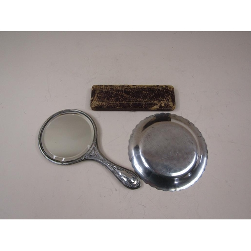 1747 - BOXED SILVER SPOON, SILVER BACKED DRESSING MIRROR AND CONTINENTAL WHITE METAL DISH