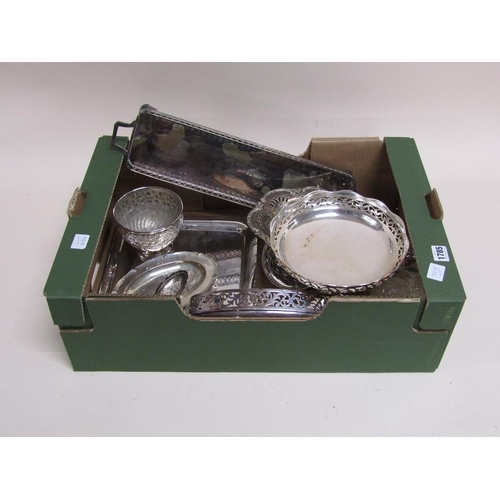 1785 - BOX OF MIXED SILVER PLATED TRAYS, DISHES, BOWLS ETC