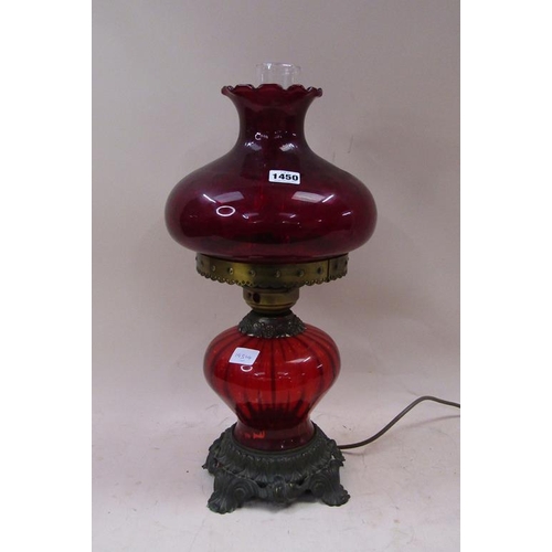 1450 - CRANBERRY TABLE LAMP WITH SHADE, A/F, 53CM H