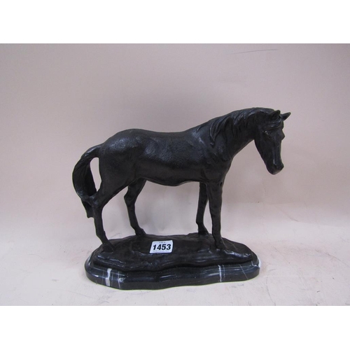 1453 - BRONZED PATINATED METAL HORSE ON MARBLE BASE, 24CM H