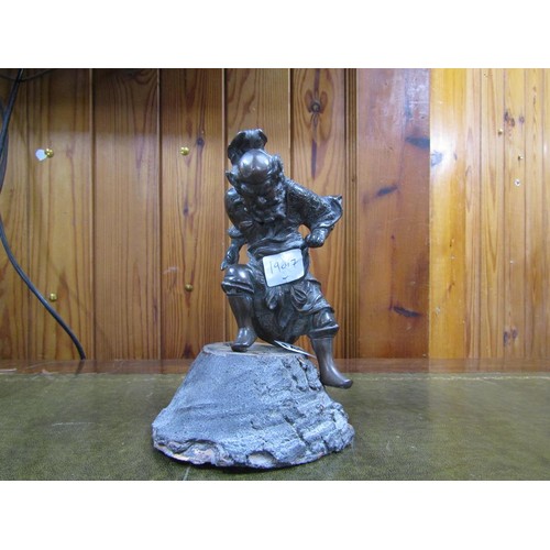 1440 - ORIENTAL CAST BRONZED WARRIOR ON WOODEN STAND, 22CM H