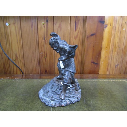 1440 - ORIENTAL CAST BRONZED WARRIOR ON WOODEN STAND, 22CM H