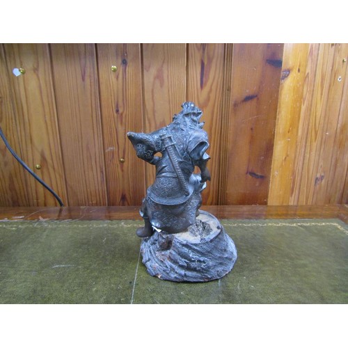 1440 - ORIENTAL CAST BRONZED WARRIOR ON WOODEN STAND, 22CM H