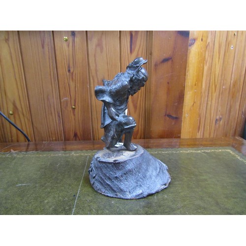 1440 - ORIENTAL CAST BRONZED WARRIOR ON WOODEN STAND, 22CM H