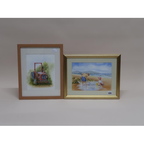 1201 - RUTH COX - TWO CHILDREN ON A BEACH, & TRACTOR, WATERCOLOURS, F/G, SIGNED, EACH APPROX 25CM X 20CM