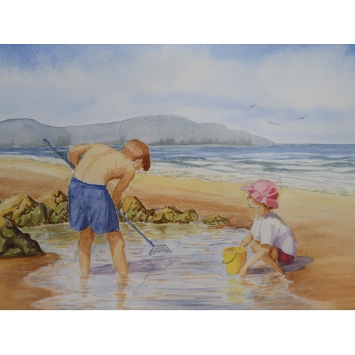 1201 - RUTH COX - TWO CHILDREN ON A BEACH, & TRACTOR, WATERCOLOURS, F/G, SIGNED, EACH APPROX 25CM X 20CM