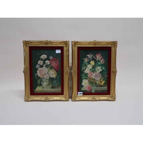 1202 - SIGNED IN MONO 'HED' - TWO  FLORAL PAINTINGS, OIL ON CANVAS, EACH FRAMED, 29CM X19CM