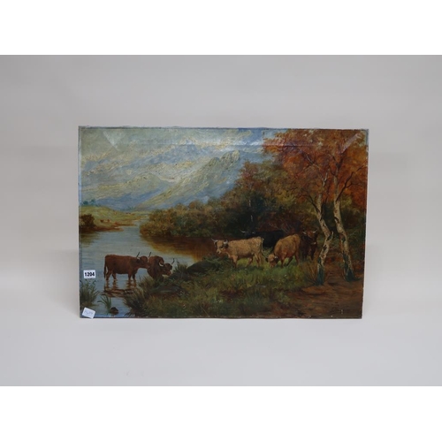 1204 - J W TOPHAM - HIGHLAND CATTLE CLOSE TO RIVER, OIL ON CANVAS, 53CM X 76CM