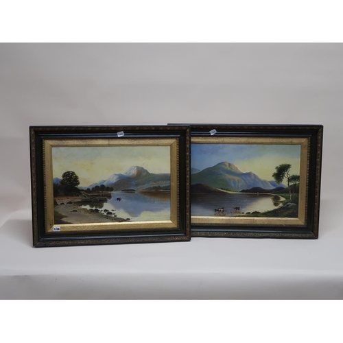 1208 - T B MELVIN - PAIR, SCOTTISH LOCHS WITH CATTLE & TWO FIGURES IN A BOAT, OIL ONBOARD, FRAMED, 38CM X 5... 