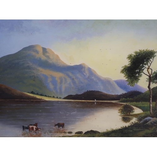 1208 - T B MELVIN - PAIR, SCOTTISH LOCHS WITH CATTLE & TWO FIGURES IN A BOAT, OIL ONBOARD, FRAMED, 38CM X 5... 