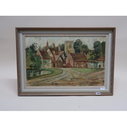 1209 - UNSIGNED - VILLAGE WITH CHURCH, OIL ON BOARD, FRAMED, 35CM X 55CM