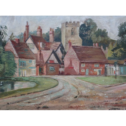 1209 - UNSIGNED - VILLAGE WITH CHURCH, OIL ON BOARD, FRAMED, 35CM X 55CM