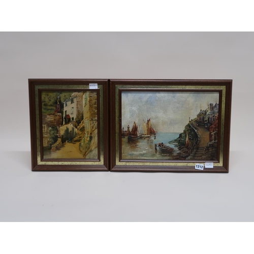 1212 - SIGNED IN MONO 'NEB' - TWO PAINTINGS - COASTAL VILLAGE & BOATS ENTERING HARBOUR, OIL ON BOARD, FRAME... 